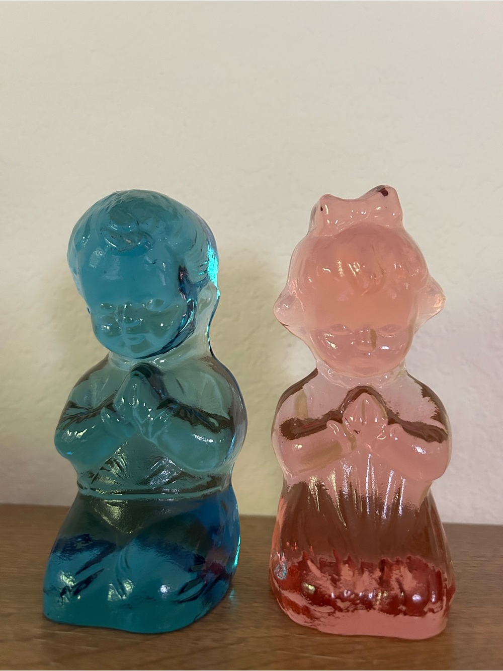 Praying Boy & Girl Pink & Blue Glass Figurines flat back for use as bookends.
